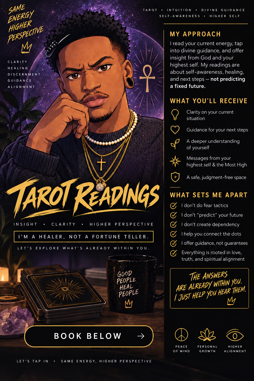 Jonathan’s purple and gold tarot reading flyer explaining his approach to clarity, discernment, and spiritual alignment